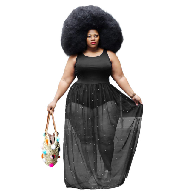 Black Beaded Mesh Patchwork Sleeveless Plus Size Maxi Dress
