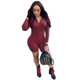 Autumn Burgundy Ribbed Mock Neck Zipper Bodycon Rompers