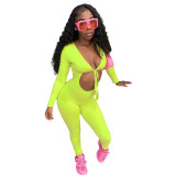 Long Sleeve Cut Out Green Bodycon Sexy Jumpsuit