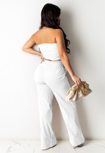 White Frill Crop Top and Wide Leg Pants Set