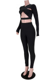 Black Sexy Cut Out Tight Crop Top and Pants Two Pieces Set