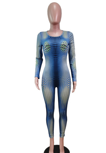 Snakeskin Pattern Print Long Sleeve Bodycon Jumpsuit