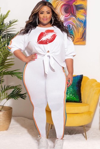 Plus Size Casual Print White Knotted Shirt and Pants Two Pieces Set
