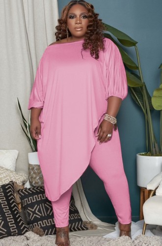 Pink Asymmetric Long Top and Tight Pants Plus Size 2PCS Set