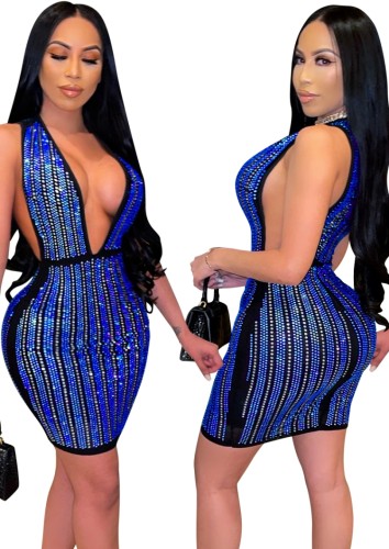 Sexy Blue Rhinestone Deep-V Sleeveless Slim Fit Cocktail Dress