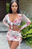 Floral Long Sleeve See Through Knotted Crop Top and Mini Ruched Skirt Two Pieces Set