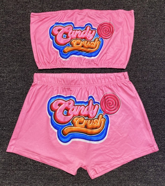 Print Cute Strapless Crop Top and Matching Shorts Two Pieces Set