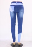 Patch Color Block High Waist Casual Blue Jeans