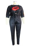 Plus Size Casual Print Black Knotted Shirt and Pants Two Pieces Set