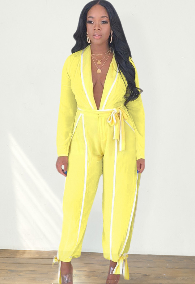 Deep-V Yellow Long Sleeve Slit Knotted Jumpsuit with Belt