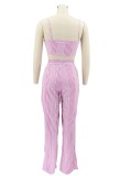Pink Striped Tie Front Crop Top and High Waist Wide Pants 2PCS