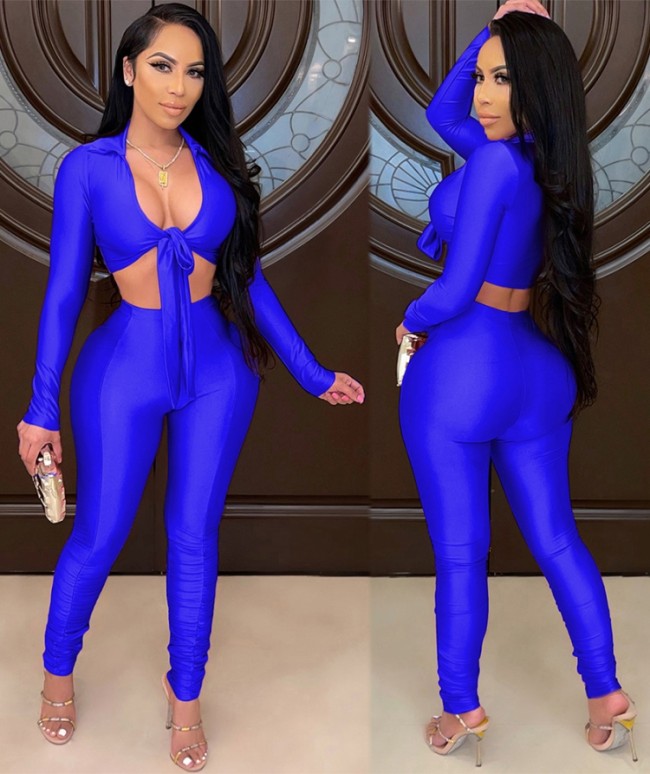 Blue Knotted Crop Top and Pants Two Pieces Set