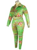Plus Size Green Print Long Sleeve Knotted Blouse and Pants Two Pieces Set