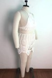 Plus Size White Knit Halter Backless Fishnet Crop Top and Skirt Two Pieces Set