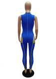 Blue Sleeveless Cut Out Patch Ruched Fitted Jumpsuit