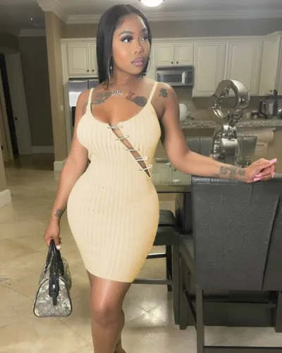 Beige Sexy Ribbed Cami Fitted Dress