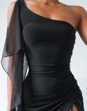 Black Slit Strings One Shoulder Sexy Midi Dress