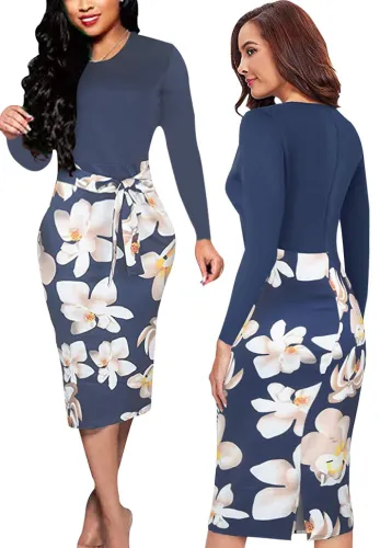 Elegant Floral Long Sleeve O-Neck Zipper Midi Dress