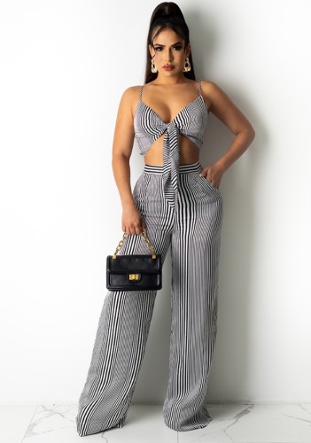 Black Striped Tie Front Crop Top and High Waist Wide Pants 2PCS