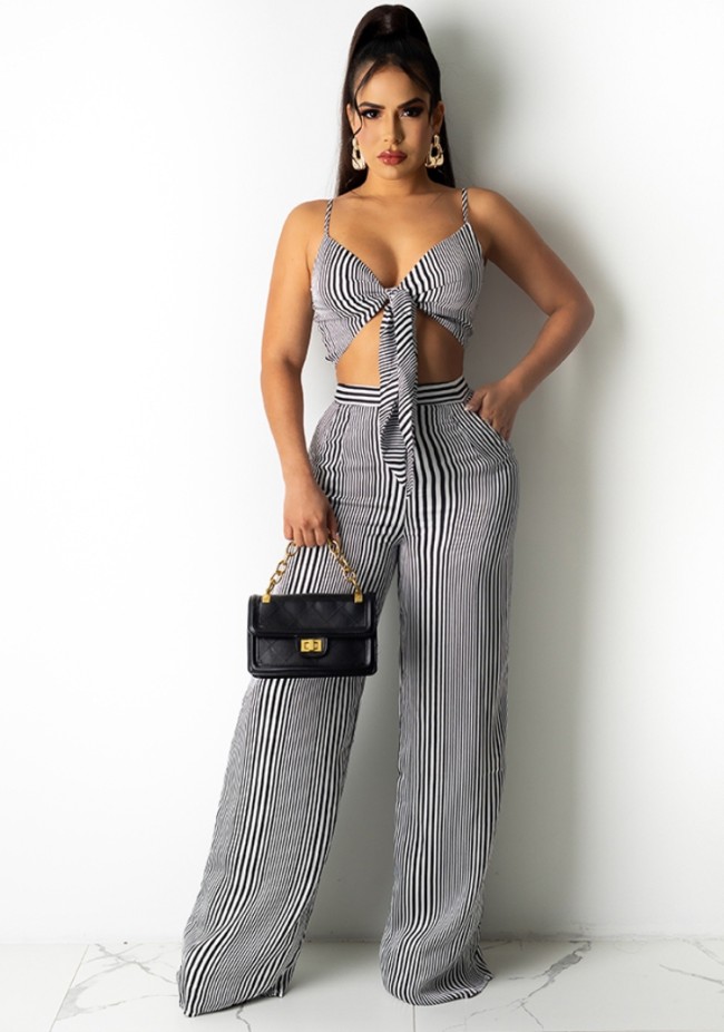 Black Striped Tie Front Crop Top and High Waist Wide Pants 2PCS