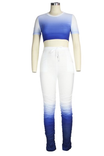 Color Fade Crop Top and High Waist Ruched Pants Two Pieces Set