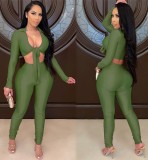Green Knotted Crop Top and Pants Two Pieces Set
