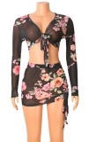 Floral Long Sleeve See Through Knotted Crop Top and Mini Ruched Skirt Two Pieces Set
