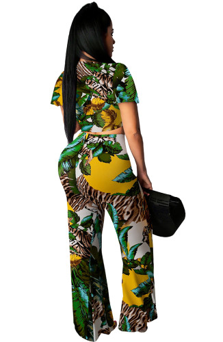 Print Knotted Short Sleeve Crop Top and Pants Two Pieces Set