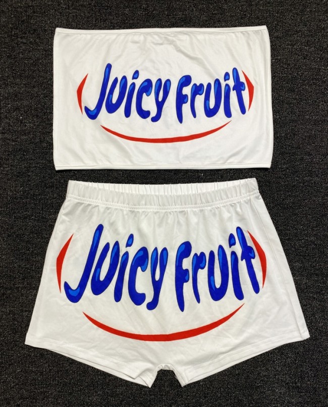 Print Cute Strapless Crop Top and Matching Shorts Two Pieces Set