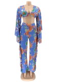 Floral Blue Ruffle Crop Top and Pants Set