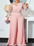 Pink Patch Beaded Long Sleeve Pleated Jumpsuit