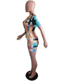 Multicolor Geommetric Short Sleeves Rompers with Matching Belt