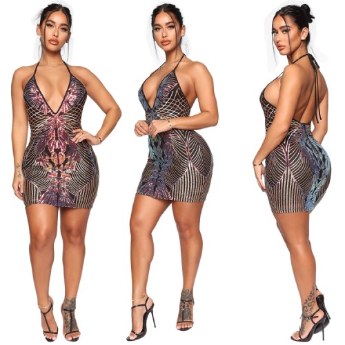 Sequin Sexy Backless Deep-V Halter Cocktail Dress