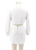 White Button Crop Top and Slit Mini Skirt 2PCS Set