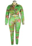 Plus Size Green Print Long Sleeve Knotted Blouse and Pants Two Pieces Set