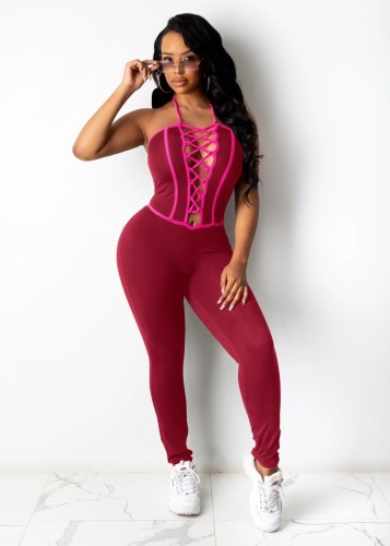Red Lace-Up Hole Sexy Halter Bodycon Jumpsuit