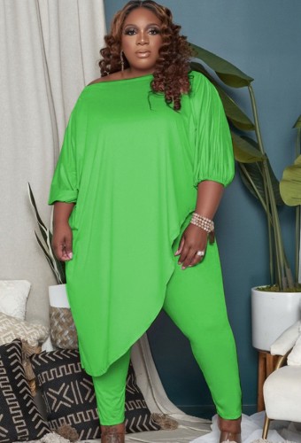 Green Asymmetric Long Top and Tight Pants Plus Size 2PCS Set