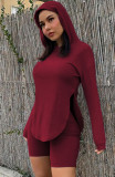 Burgunry Slit Hoody Top and  Matching Shorts Two Pieces Set