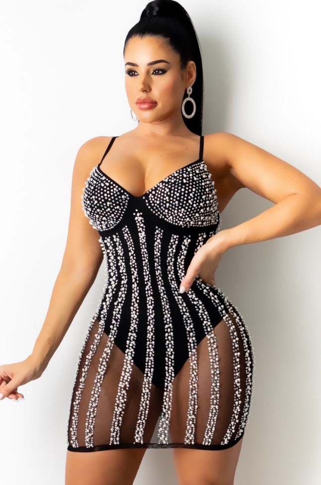 Sexy Black Beaded Strap Slim Fit Cocktail Dress