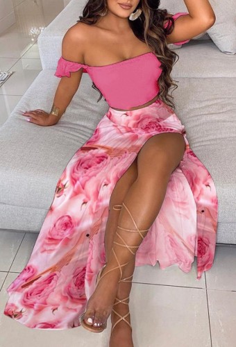 Floral Pink Scrunch Crop Top and Slit Long Skirt Two Pieces Set