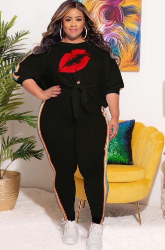 Plus Size Casual Print Black Knotted Shirt and Pants Two Pieces Set