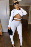 White Sexy Cut Out Tight Crop Top and Pants Two Pieces Set