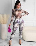 Graffiti Print Tight Top and Pants Two Pieces Set