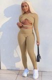 Khaki Sexy Cut Out Tight Crop Top and Pants Two Pieces Set