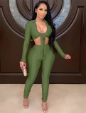 Green Knotted Crop Top and Pants Two Pieces Set