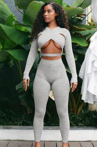 Grey Sexy Cut Out Tight Crop Top and Pants Two Pieces Set