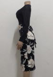Elegant Floral Long Sleeve O-Neck Zipper Midi Dress