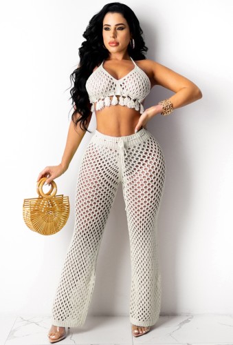 White Fishnet Fringe Halter Bra and Pants Two Pieces Cover-Up