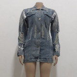 Blue Shiny Sequin Patch Long Sleeve Distressed Denim Jacket