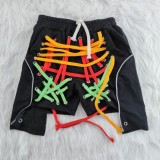 Colorful Strings Black Drawstring Asymmetric Elasticated Shorts